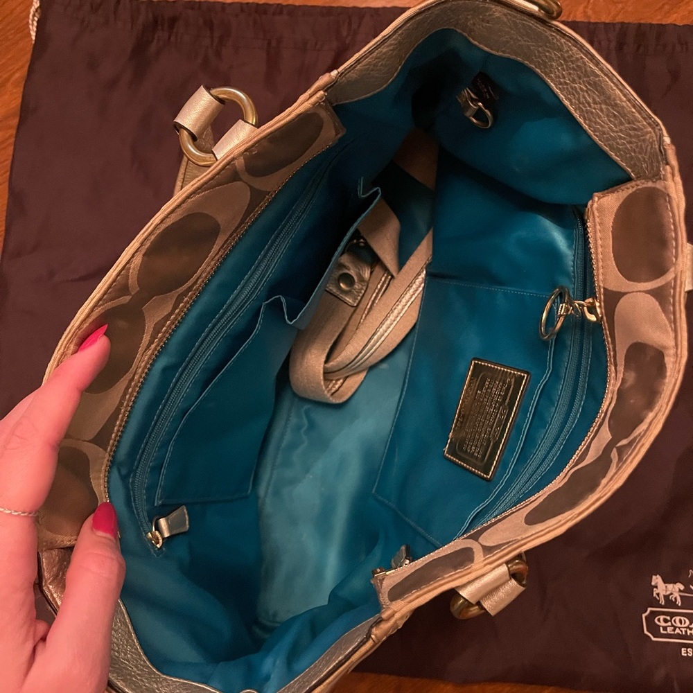 Coach Khaki Signature Shoulder Bag with Bright Turquoise Interior